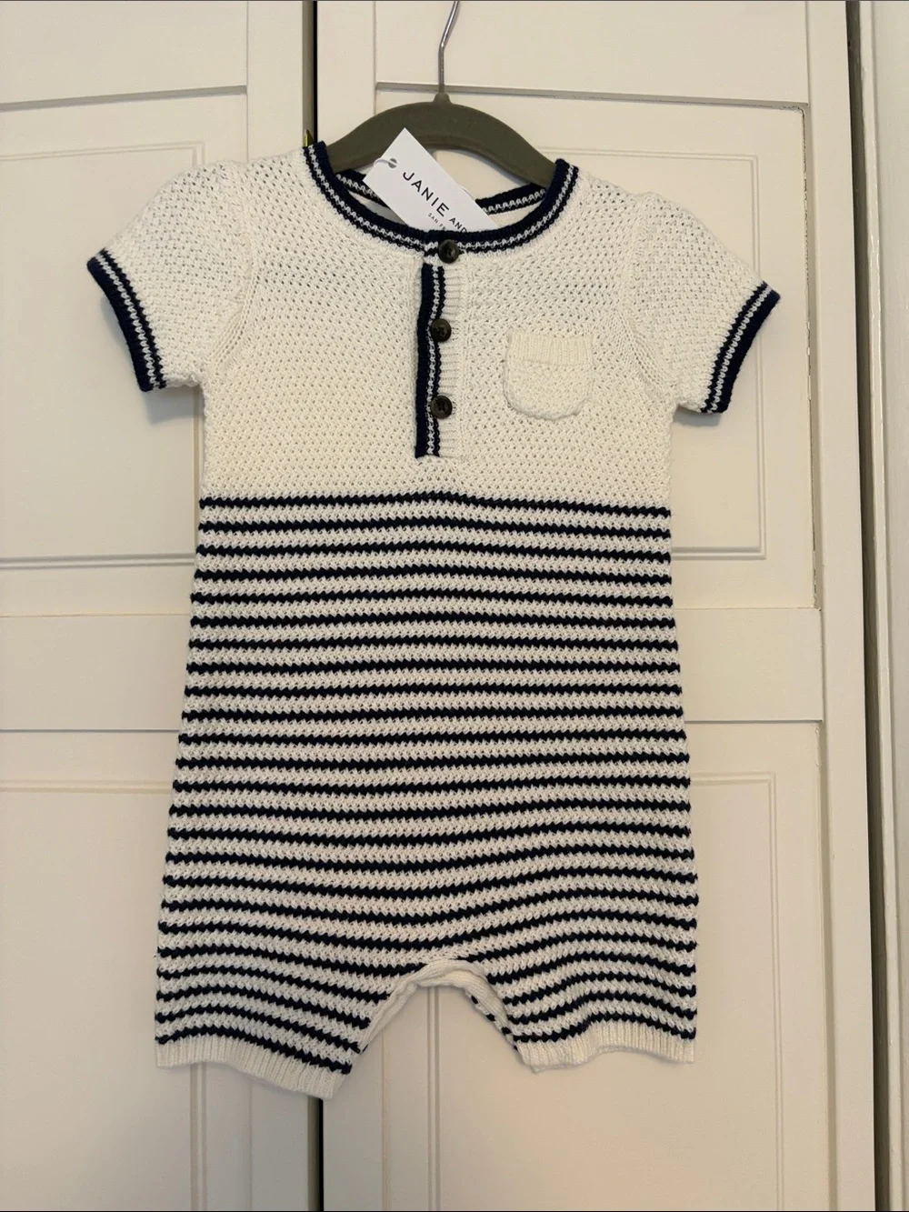 Janie and Jack White & Navy Striped Knit Romper